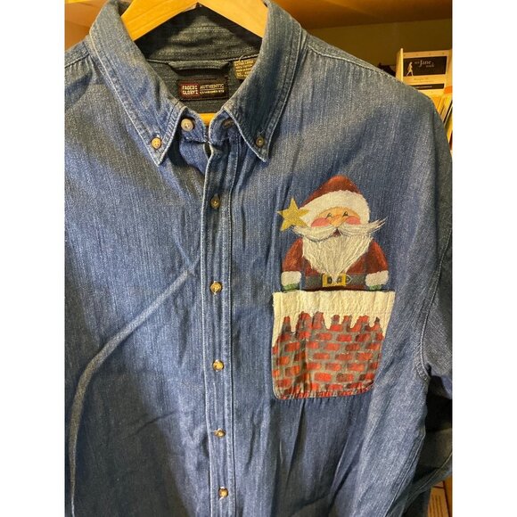 Vintaga 90s Faded Glory Button Down Santa Chimney Denim Top Sz XL - Picture 4 of 7